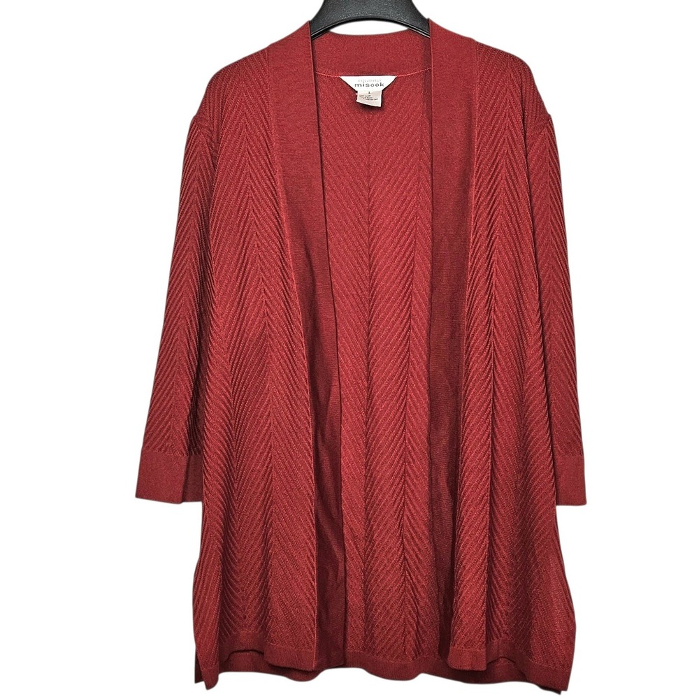 Exclusively Misook Womens Cardigan Size L Red Chevron Textured Open Front